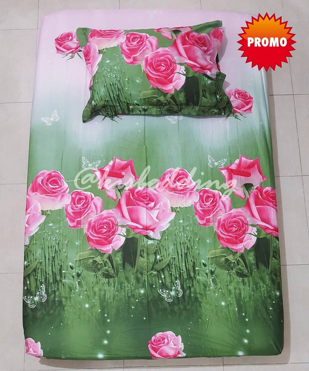 Sprei Motif Bunga Hijau Pink