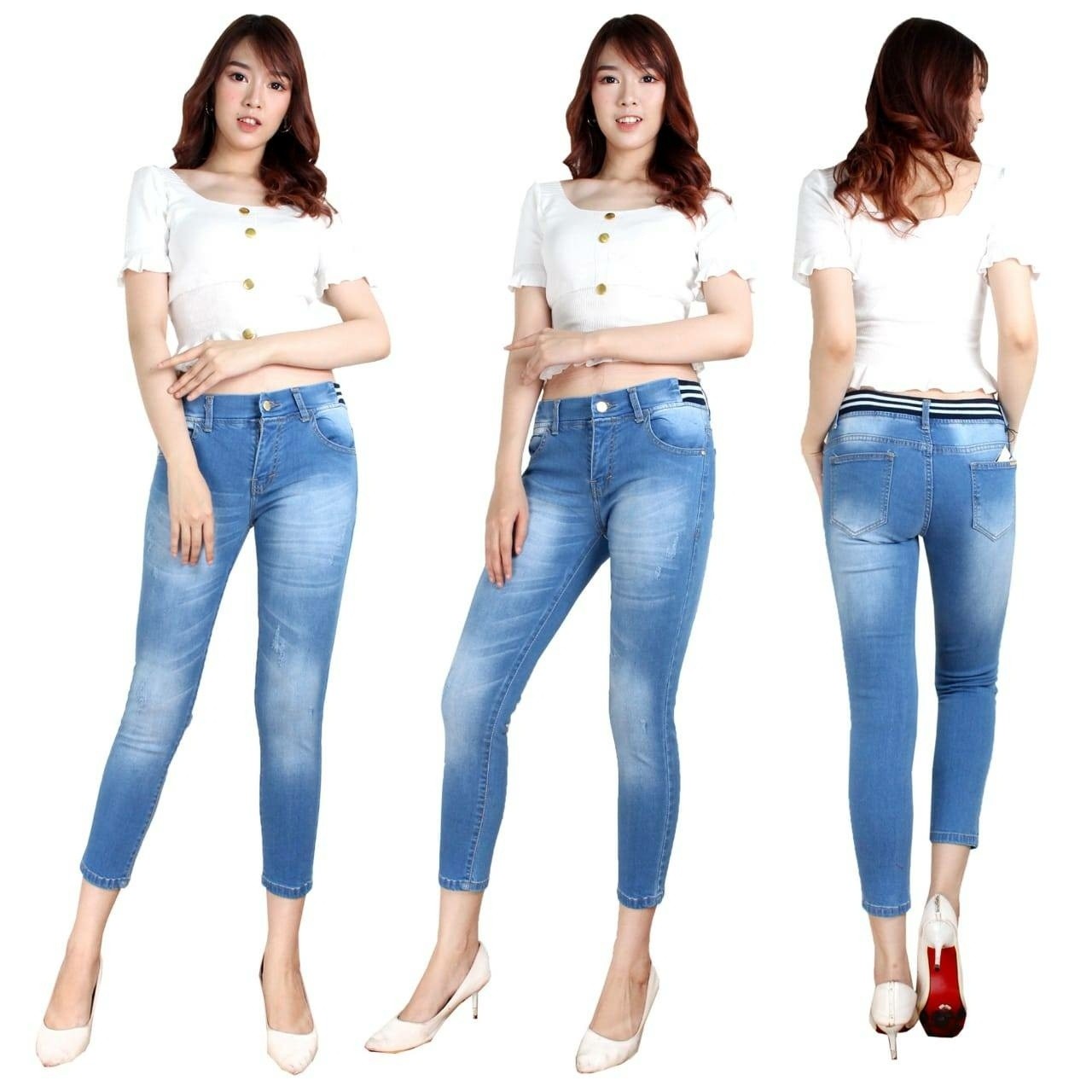 8030 Jeans List Pinggang Biru Karet