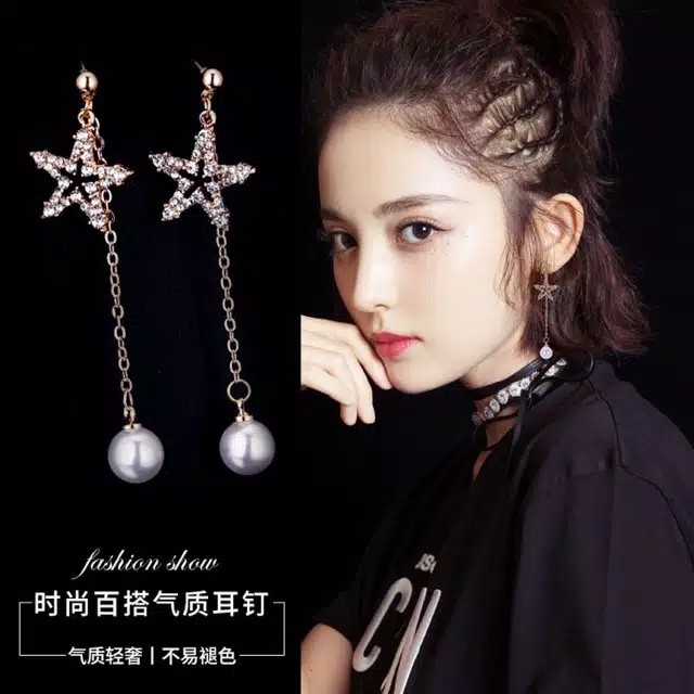 Anting Panjang Silver Aksen Bintang dan Mutiara