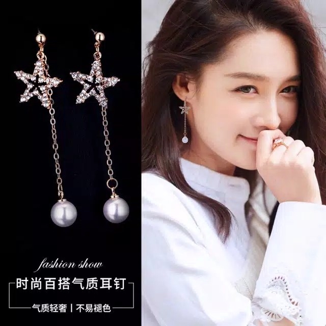 Anting Panjang Silver Aksen Bintang dan Mutiara 2