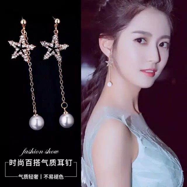 Anting Panjang Silver Aksen Bintang dan Mutiara 3