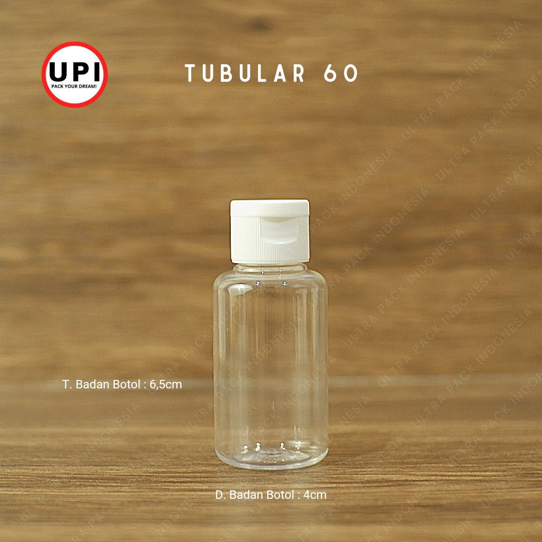 BOTOL PET TUBULAR 60ML CLEAR FLIP TOP PUTIH