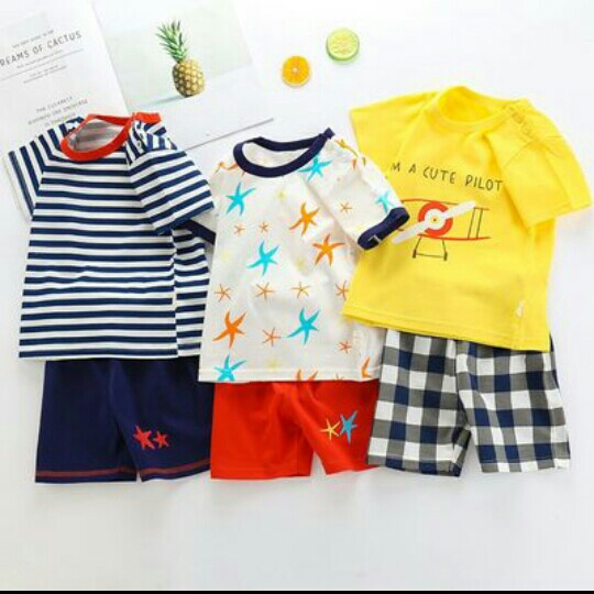 Baju set musim panas kaos katun dengan celana untuk balita 2