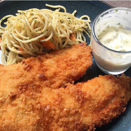 Battered Dori With Spaghetti Aglio Olio