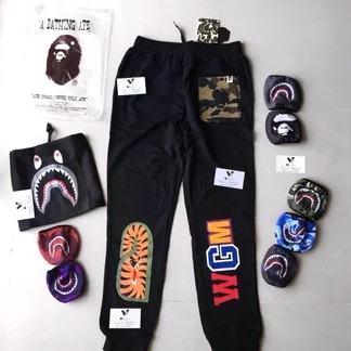 CELANA BAPE PANJANG SWEATPANTS SHARK BLACK FULL TAG SUPER MIRROR 1-1