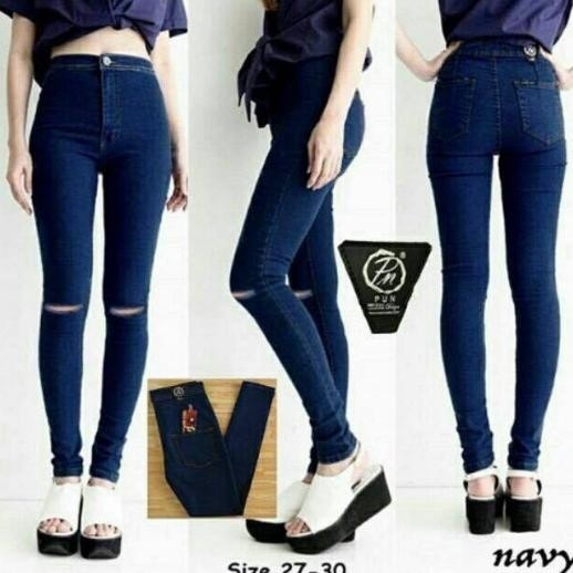 Celana Jeans High Waist Sobek Satu Navy