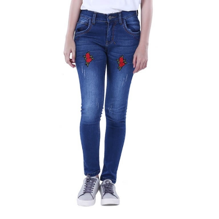 Celana Jeans Wanita Distro Motif Bordir Kasual - H 4191