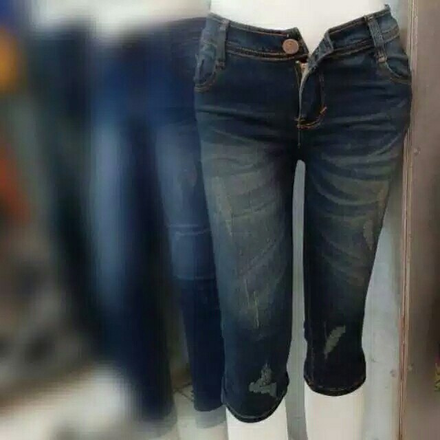 Celana jeans wanita jeans 78 jeans sobek jeans pinggang kolor rip 2