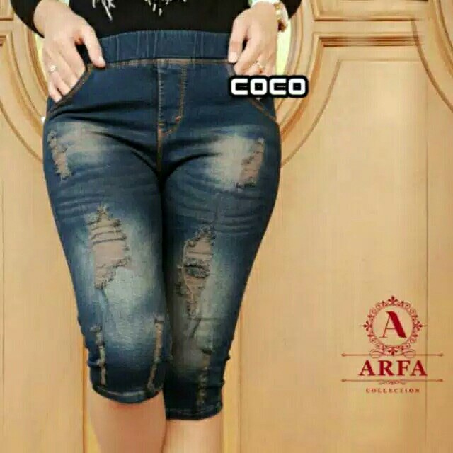 Celana jeans wanita jeans 78 jeans sobek jeans pinggang kolor rip 4