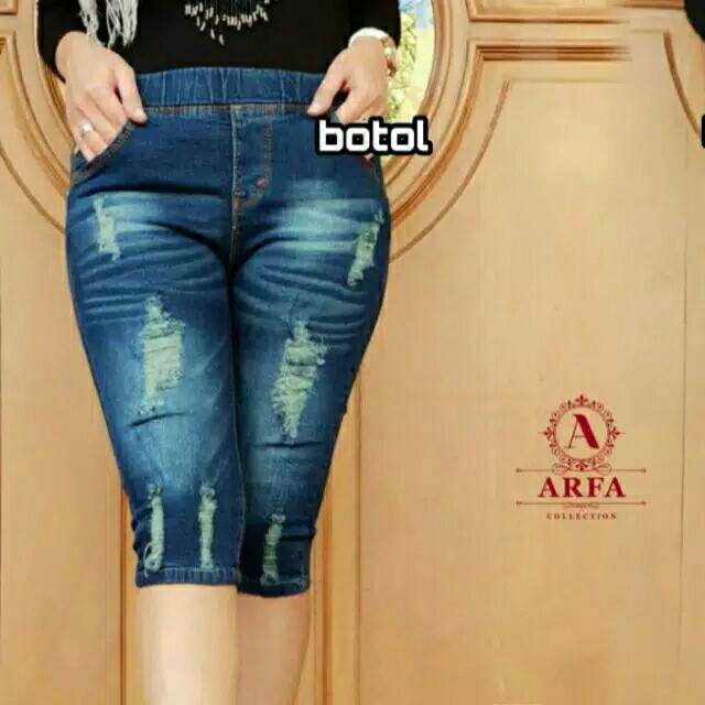 Celana jeans wanita jeans 78 jeans sobek jeans pinggang kolor rip 5