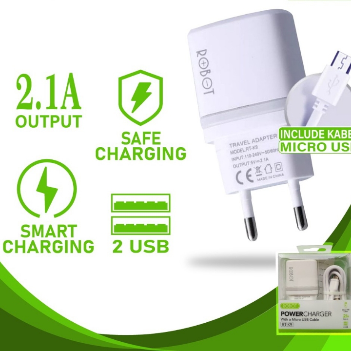 Charger Robot RT-K9 12W Dual Port 21A Adaptor  Micro USB 3