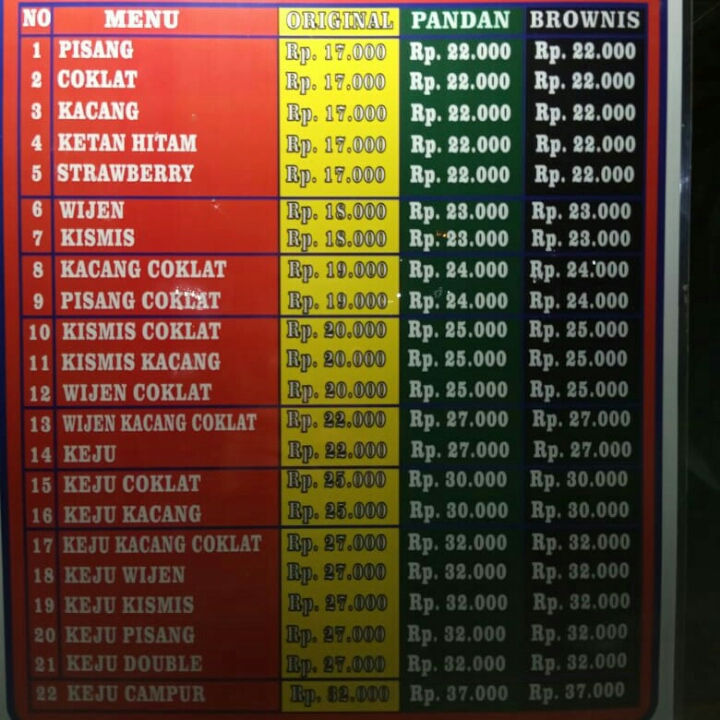 DAFTAR MENU MARTABAK BANGKA DEPAN INDOMART CIPANAS