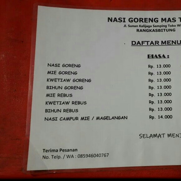 DAFTAR MENU NASI GORENG MAS TARNO