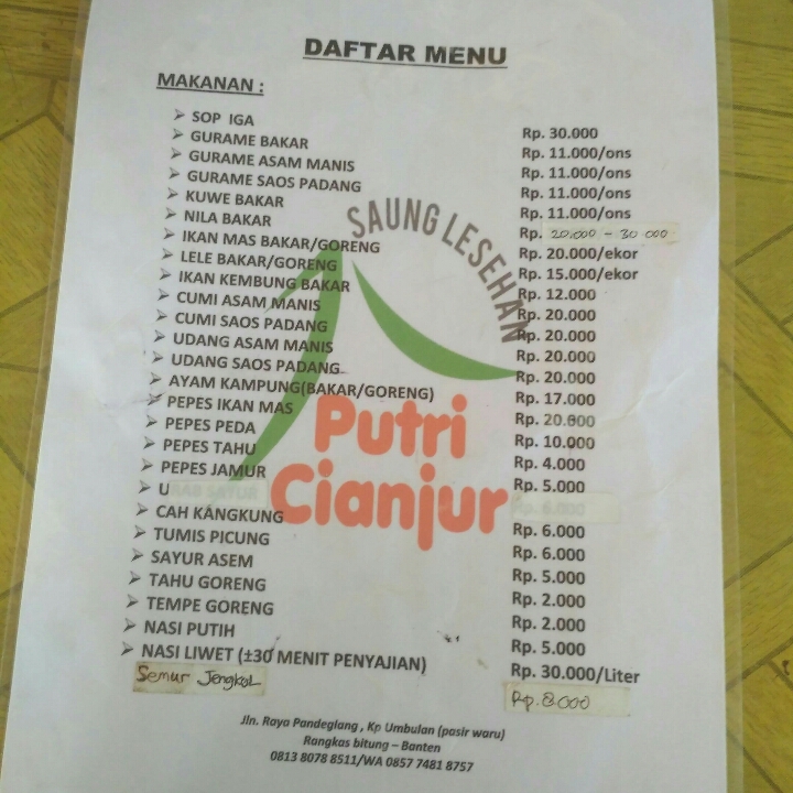 DAFTAR MENU RM PUTRI CIANJUR