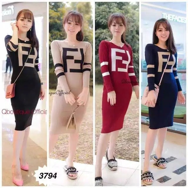 DRESS FENDIFF DRES WANITA KEKINIAN  LENGAN PANJANG BAHAN BABYTERRY FI