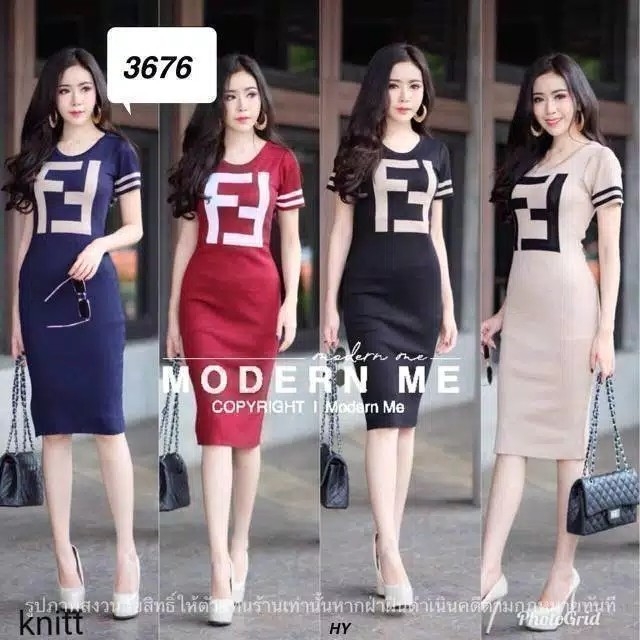 DRESS FENDIFF DRESS WANITA KEKINIAN BHN BABYTERY FIT L