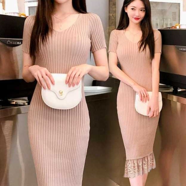 Dress Duyung Rajut Warna Coklat Susu All Size Fit L