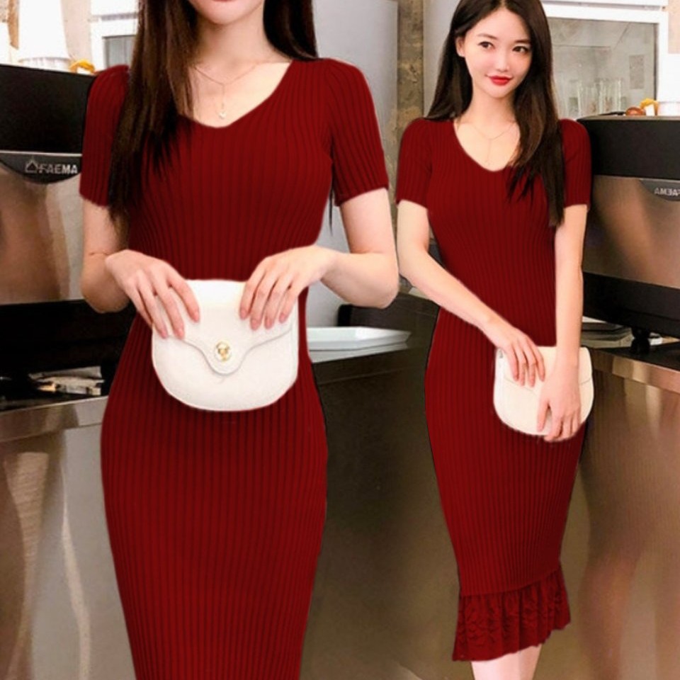 Dress Duyung Rajut Warna Maroon ALL SIZE FIT L