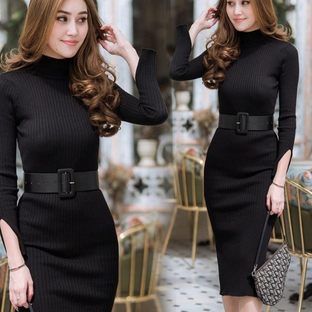 Dress LP Belt Rajut Warna Hitam All Size Fit L