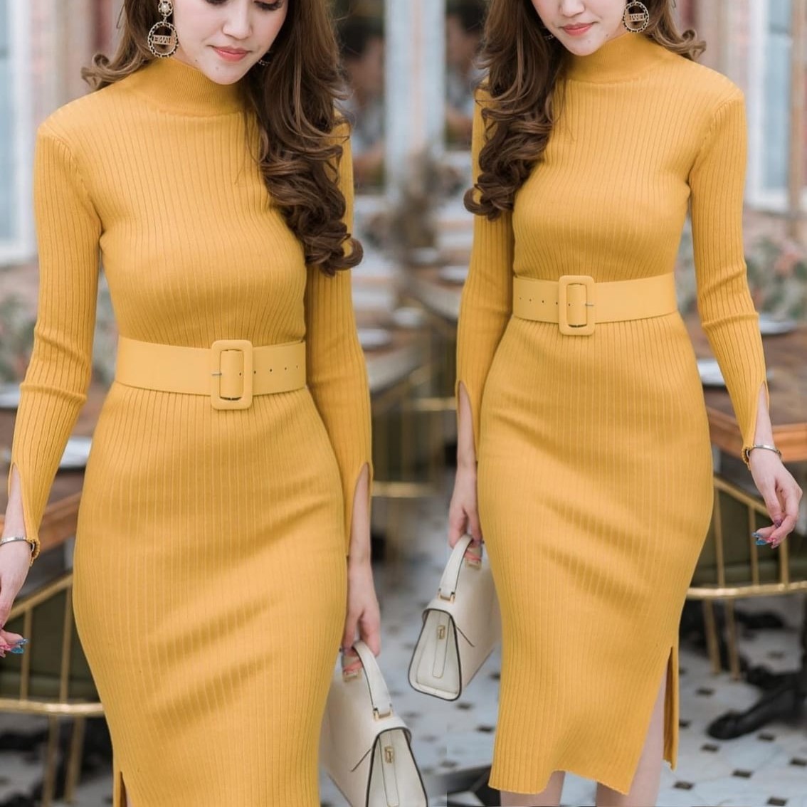 Dress LP Belt Rajut Warna MUSTARD All SIZE FIT L