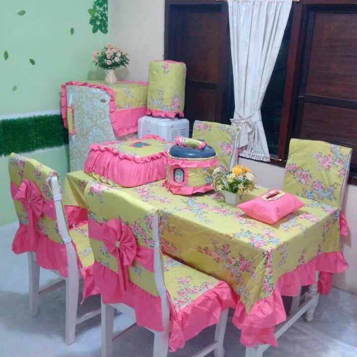 FULLSET Standar 6 Kursi Pakai Pita Magdalena Kuning Polos Pink