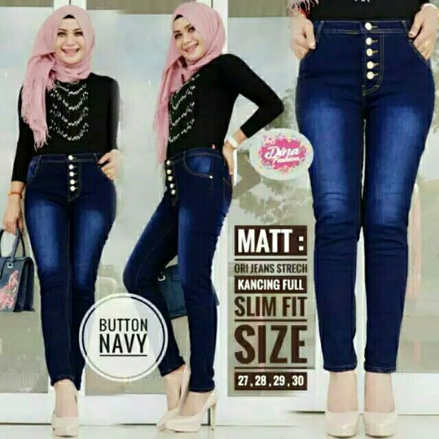 Highwaist hw kancing tengah celana jeans wanita highwaist navy k5