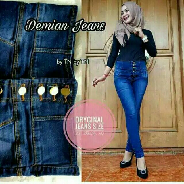 Highwaist hw kancing tengah celana jeans wanita highwaist navy k5 4