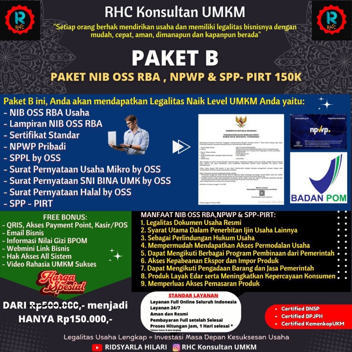 Jasa Penerbitan NIB OSS RBA - NPWP - SPP PIRT