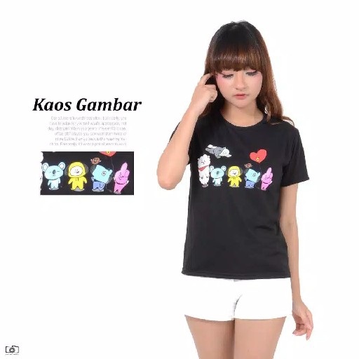 KAOS WANITA KEKINIAN CARTOON HITAM