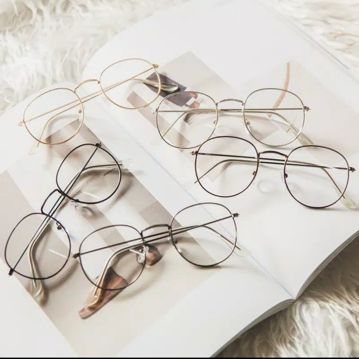Kacamate Wanita dan Pria Gaya Retro Round Eyeglasses Metal Frame Myopi