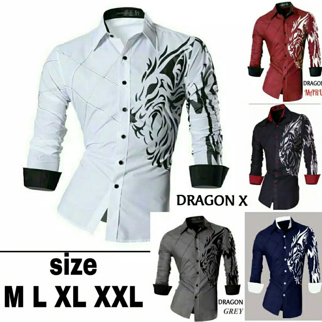 Kemeja pria lengan panjang motif dragon 6 warna