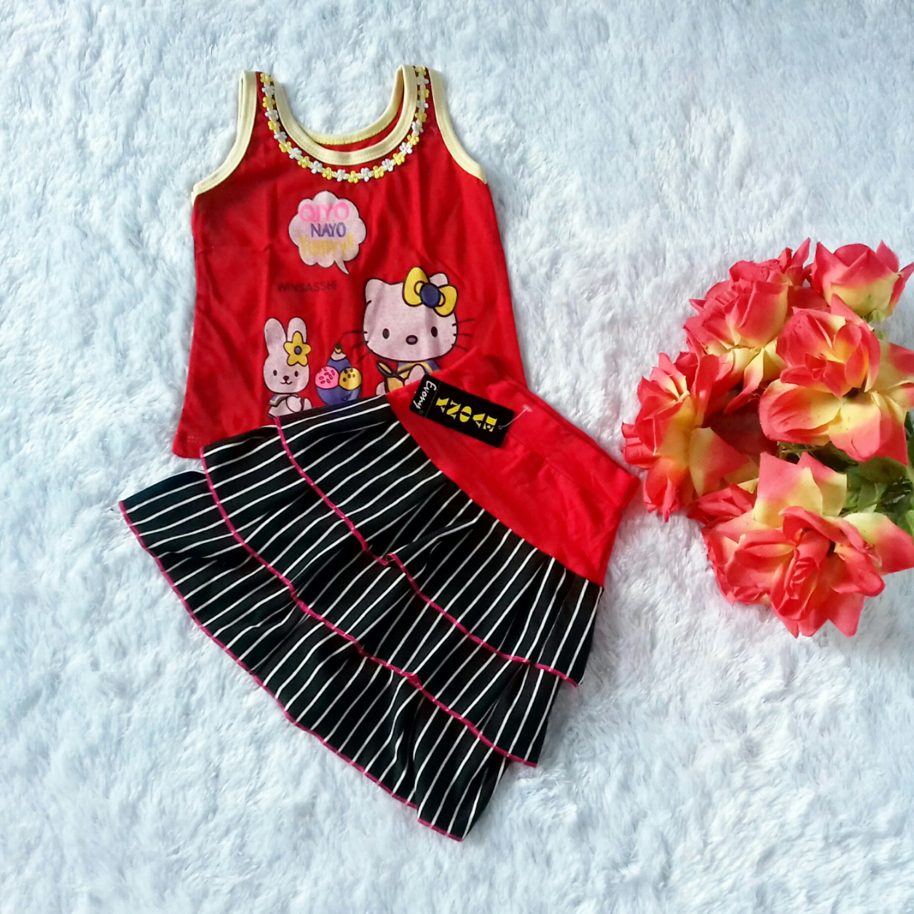 Kid Set Strip Kitty Merah