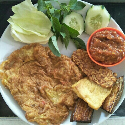 Lalapan Telor Dadar Tempe Tahu Terong