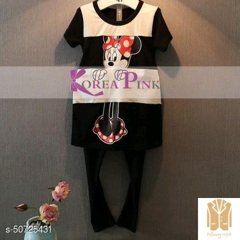 Periksa Set Atasan  BawahanKorea Pink Minnie Black Top Set Pants