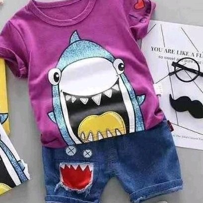 Periksa Set Atasan  BawahanSetelan anak laki motif shark-Purple