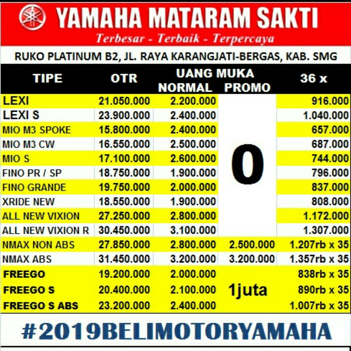 Price List Credit Yamaha Bulan Januari 2019