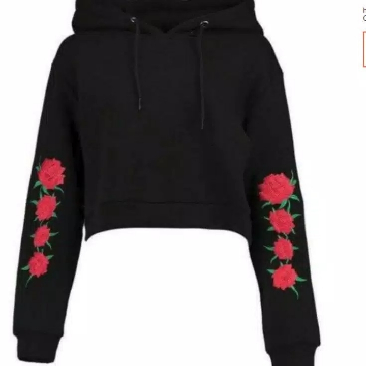 SWEATER HODIE CROP TALI FLOWER HITAM