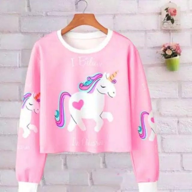 SWEATER WANITA CROP UNICORN I BELIEVE PINKSOFT LONG SLEEVE