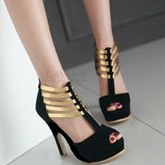 Sandal Wanita High Heels Gelang - Hitam Gold