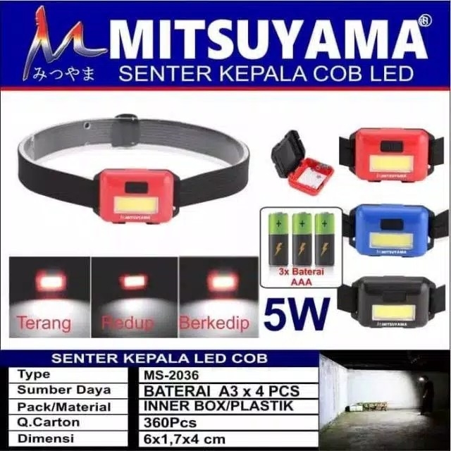 Senter Kepala Led COB Mitsuyama Ms-2036 Baterai