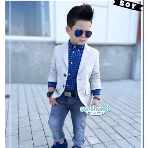 Setelan Anak Kotak Biru Set Jas Putih-Blue