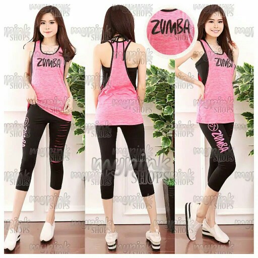 Setelan Baju Senam Singlet Double Zumba Pink Pendek
