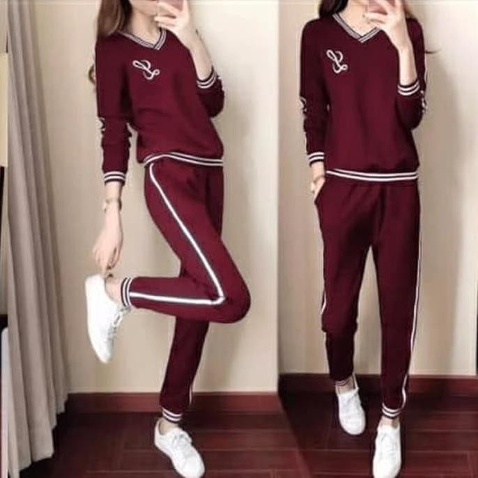 Setelan Kaos Celana Baju Olahraga Wanita Training Pilates Yoga Maroon
