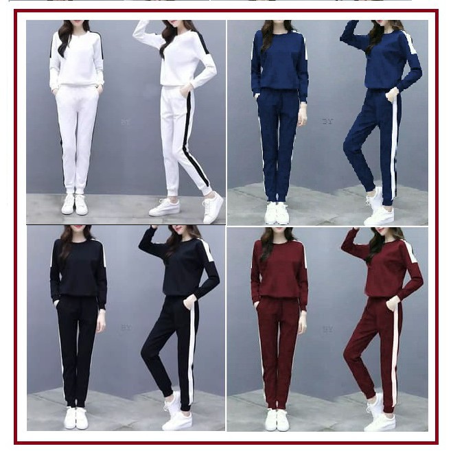 Setelan Olahraga Panjang List Stripe Polos - Training Lina - Baju Sena