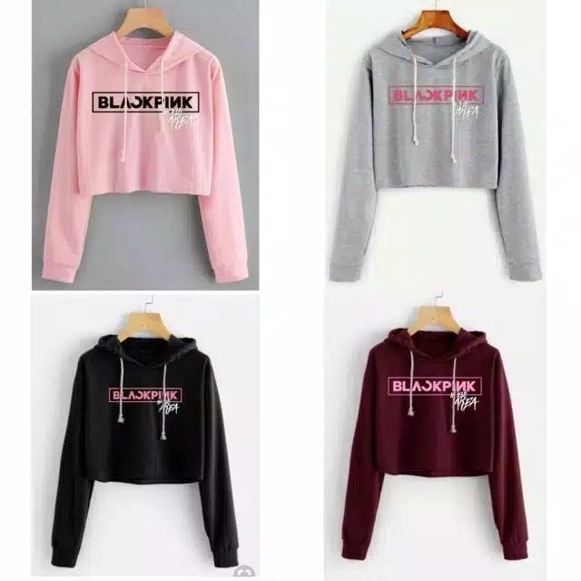Sweate crop hodie BLACK PINK in your area tali serut bahan babyterry f