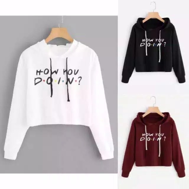 Sweate crop hodie HOW YOU DOIN tali serut bahan babyterry fit L
