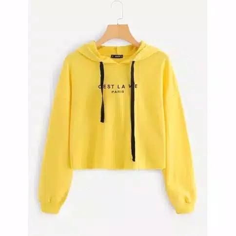 Sweater Crop Wanita Hoodie Lengan Panjang CEST LA VIE PARIS Printing