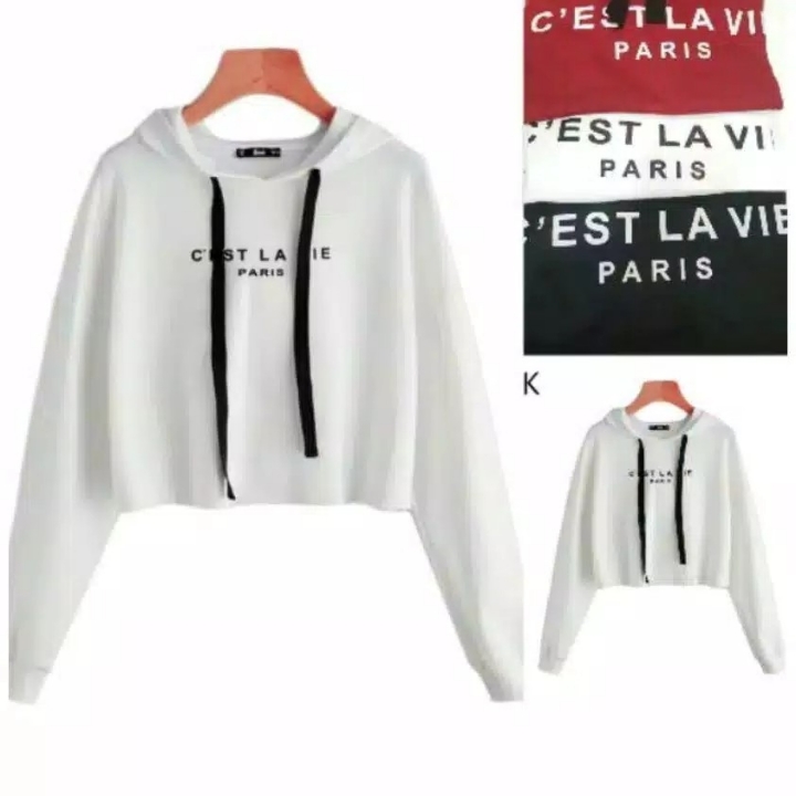 Sweater Crop Wanita Hoodie Lengan Panjang CEST LA VIE PARIS Printing 2