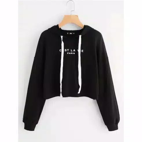 Sweater Crop Wanita Hoodie Lengan Panjang CEST LA VIE PARIS Printing 3