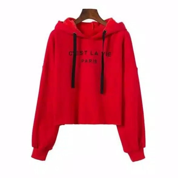 Sweater Crop Wanita Hoodie Lengan Panjang CEST LA VIE PARIS Printing 4